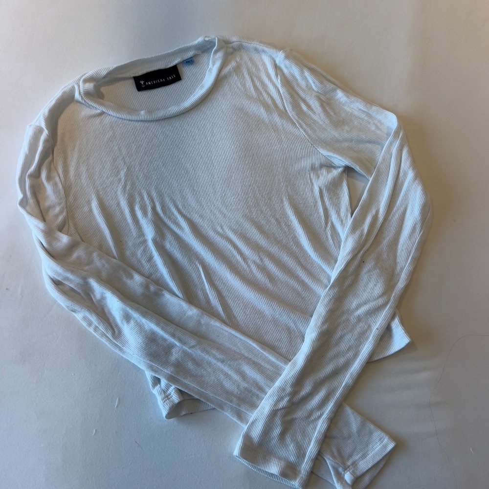 American Tall Womens White Ribbed Long Sleeve Crew‎ Neck Top XS Tall